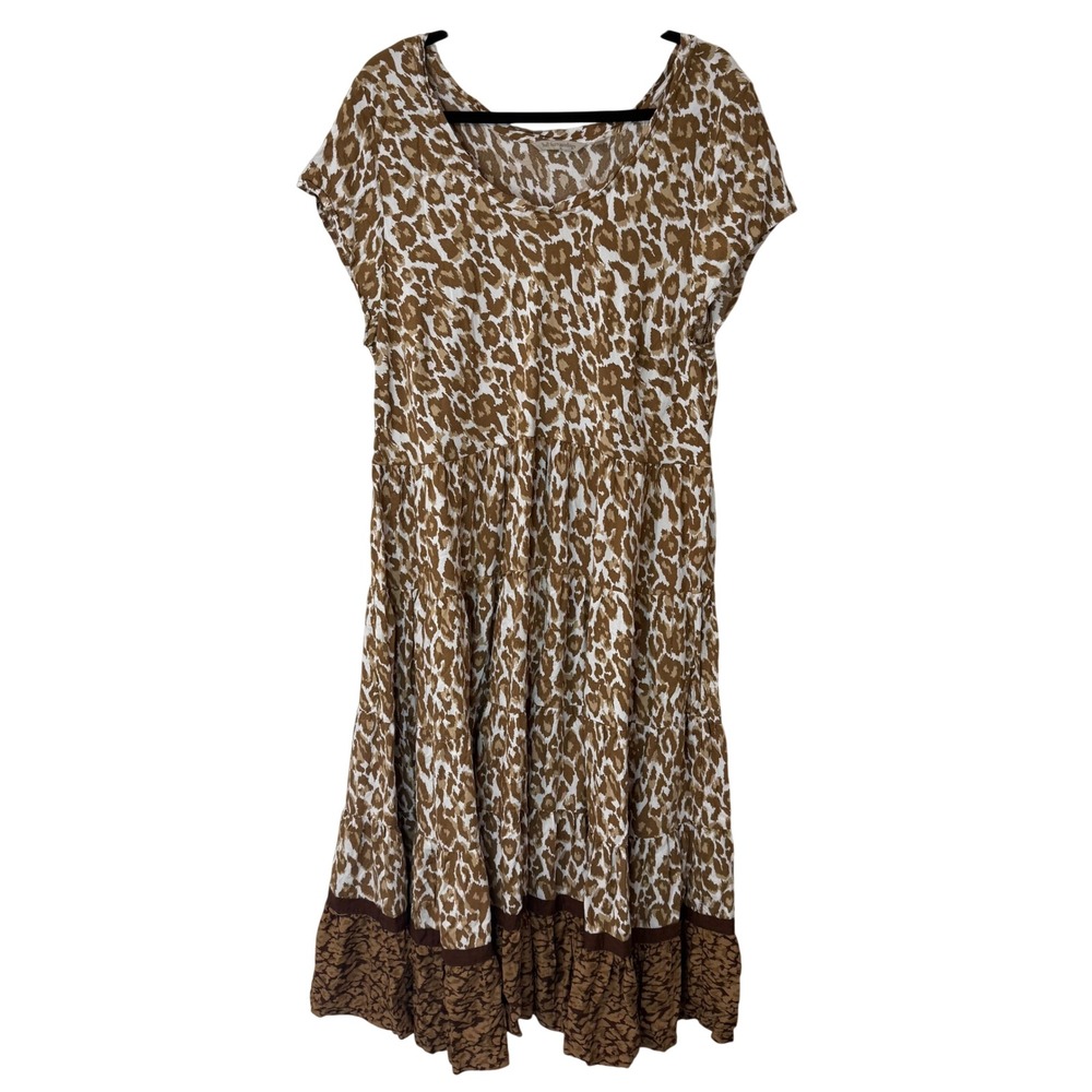 Soft Surroundings Womens Kara Tiered Midi Dress 1X Tan‎ Leopard Print Tiered